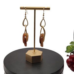 Women Chain Link Dangle Pierced Earrings Brown Marble Pattern Shiny Gold Plating